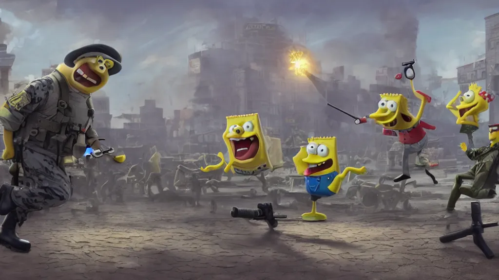 Image similar to spongebob squarepants as a navy seal, in a gun fight in an unknown city, wide shot, 3 d, hyperrealistic, rendered in octane, by yuumei, bayard wu, wlop, tim white, ross tran, 4 k