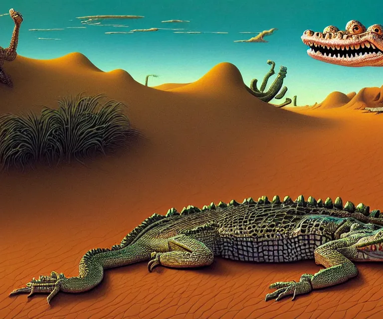 Image similar to hyper detailed 3d render like a Oil painting - a cartoon crocodile in a desert, by Jacek Yerka, Mariusz Lewandowski, Houdini algorithmic generative render, Abstract brush strokes, Masterpiece, Edward Hopper and James Gilleard, Zdzislaw Beksinski, Mark Ryden, Wolfgang Lettl, hints of Yayoi Kasuma, octane render, 8k