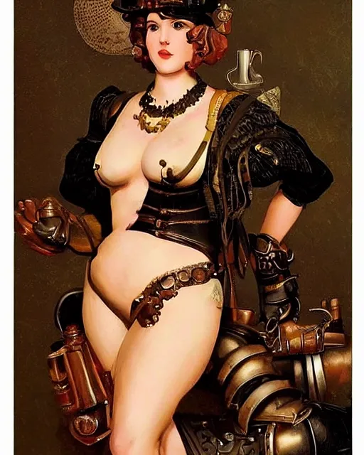 Prompt: rook bartley as a steampunk courtesan, antique tin toy, 1 9 2 0 s, sepia tone, black oil bath, exposed midriff. by j. c. leyendecker and edmund blair leighton and charlie bowater, beautiful face, octane, very aesthetic!!!!!!!!!!!!!!!