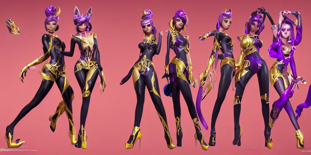 Prompt: character sheet of beautiful KDA More LeBlanc (wild rift). 3d render, octane render, realistic, highly detailed, trending on artstation, 4k, trending on artstation, pixar, cgsociety, unreal engine 5, redshift render, trending on artstation, blender, behance, cg