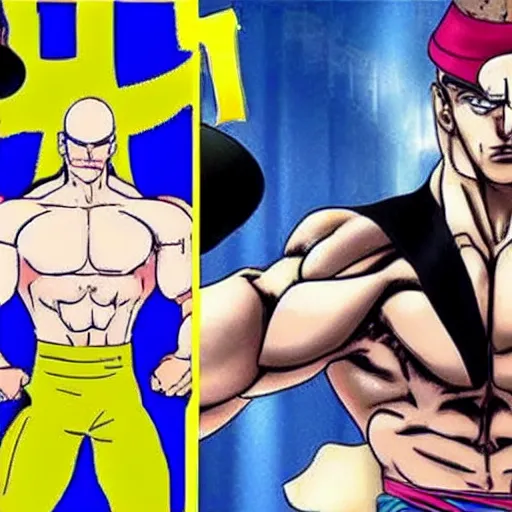 Image similar to putin in jojo bizarre adventure with a muscular body, very anime style