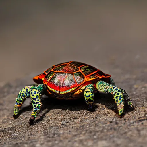 Image similar to spider turtle hybrid, bold natural colors, national geographic photography, masterpiece, in - frame, canon eos r 3, f / 1. 4, iso 2 0 0, 1 / 1 6 0 s, 8 k, raw, unedited, symmetrical balance