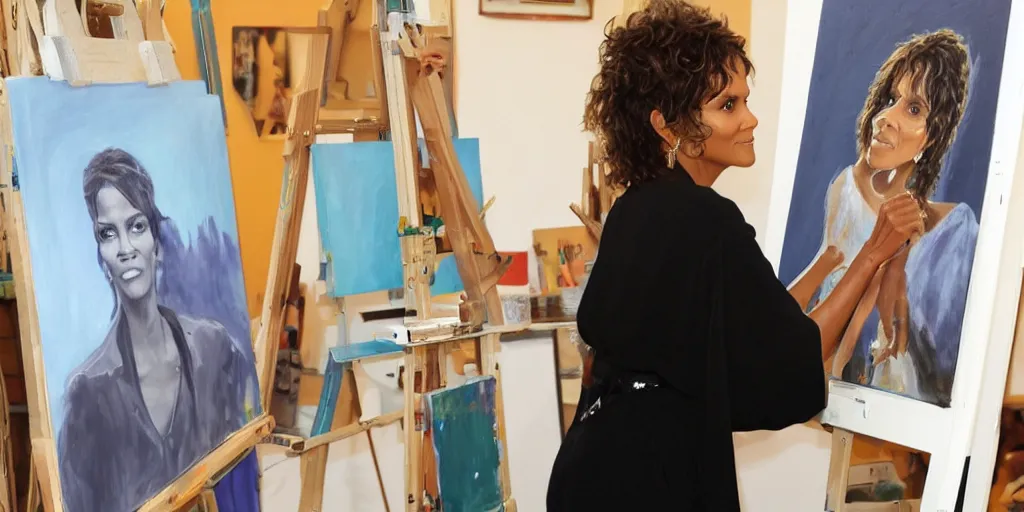 Prompt: halle berry, stands at her easel, painting a self portrait