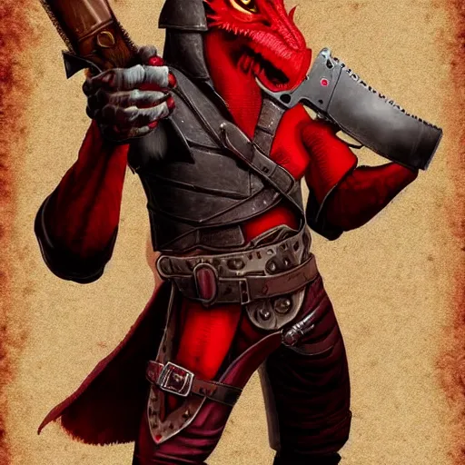 Prompt: A red dragonborn wearing a leather jacket and pointing an old pistol at the viewer. Full-body. D&D. digital art.