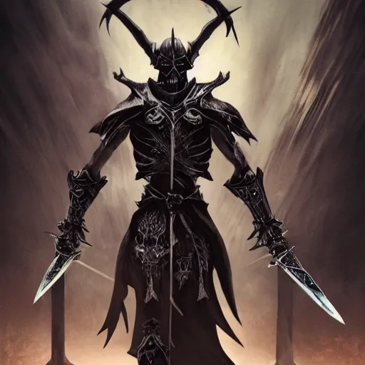 Image similar to Powerful knight, with demonic sword, standing in front of skeleton army, style from Skyrim