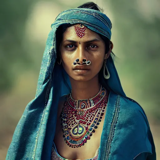 Image similar to portrait of a stunningly beautiful south asian tribal female, depth of field, zeiss lens, detailed, symmetrical, centered, fashion photoshoot, by Annie Leibovitz and Steve McCurry, David Lazar, Jimmy Nelsson, Breathtaking, 8k resolution, extremely detailed, beautiful, establishing shot, artistic, hyperrealistic, beautiful face, octane render