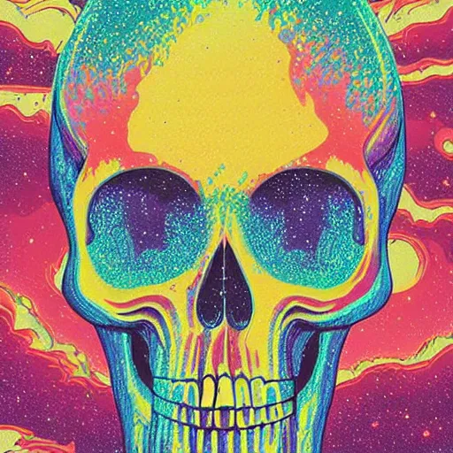 Prompt: ngc 3132 falling waterfall skull mysterious landscape by Casey Weldon, edge of the world, composite, colorful, high quality, featured art print, trending on behance