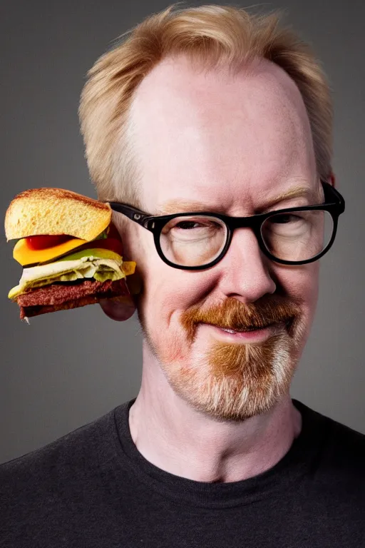 Prompt: 📷 portrait of adam savage with a sandwich head, food head, still image, high resolution, 4 k