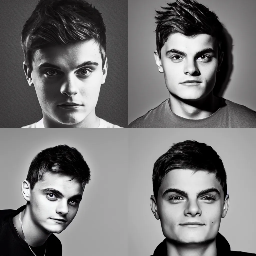 Prompt: portrait of Martin Garrix in the style of Mario Testino, detailed, 82 mm sigma art