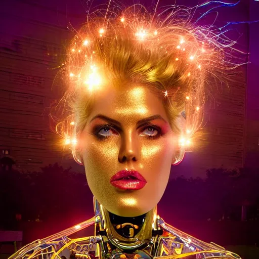 Prompt: beautiful centered Fine art photo portrait of playful youg Anna Nicole Smith as a solarpunk robotic humanoid, copper mechanical parts with led lights, photorealistic, white background, highly detailed and intricate, sunset lighting, HDR 8k