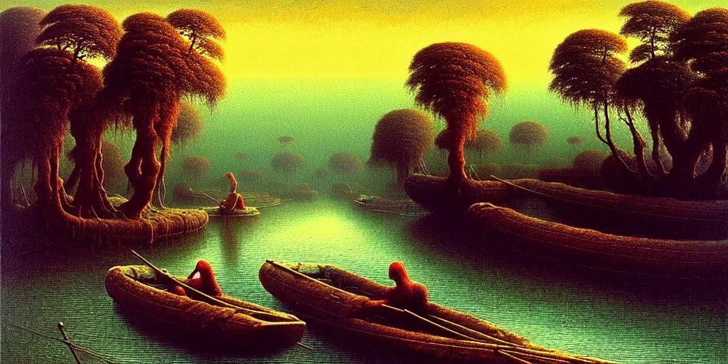 Image similar to A very detailed painting in the style of Beksinski featuring a river in Europe surrounded by trees and fields. A rubber dinghy is slowly moving through the water. Sun is shining