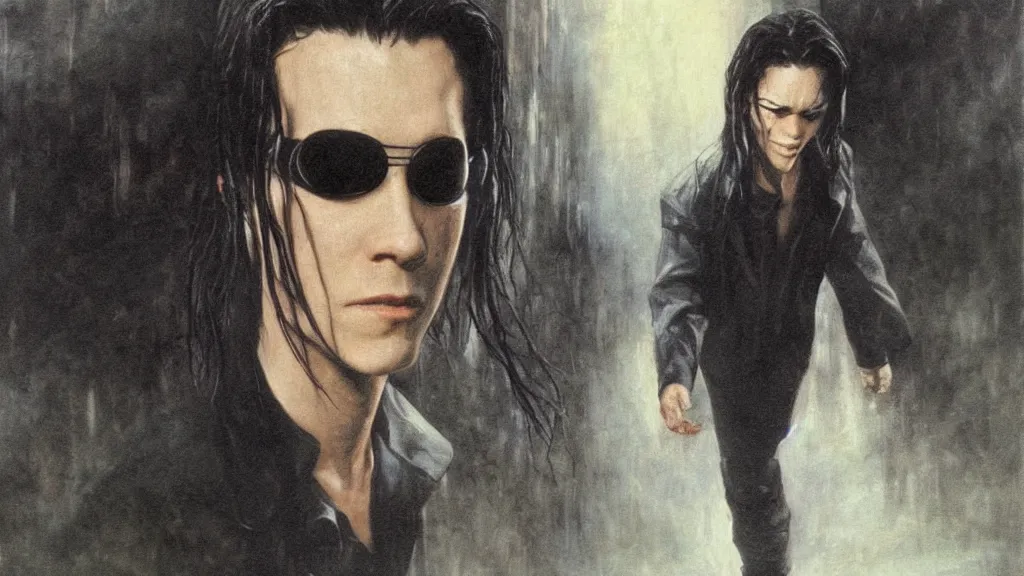 Prompt: an oil painting in the style of alan lee depicting neo from the movie the matrix ( 1 9 9 9 )