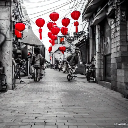 Prompt: Whimsical street photography scene in a small city in China, Ricoh GRIII, f/3, focal length: 18.0 mm, shutter speed: 1/250 s, ISO: 200