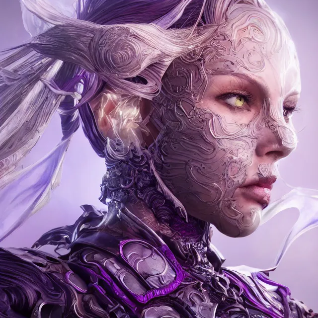 Image similar to close facial portrait of a pale woman in futuristic leather armor with a flowing purple, elegant, stoic, intense, ultrafine hyperdetailed illustration by kim jung gi, irakli nadar, intricate linework, sharp focus, bright colors, octopath traveler, final fantasy, hearthstone, highly rendered, global illumination, radiant light, detailed, intricate environment