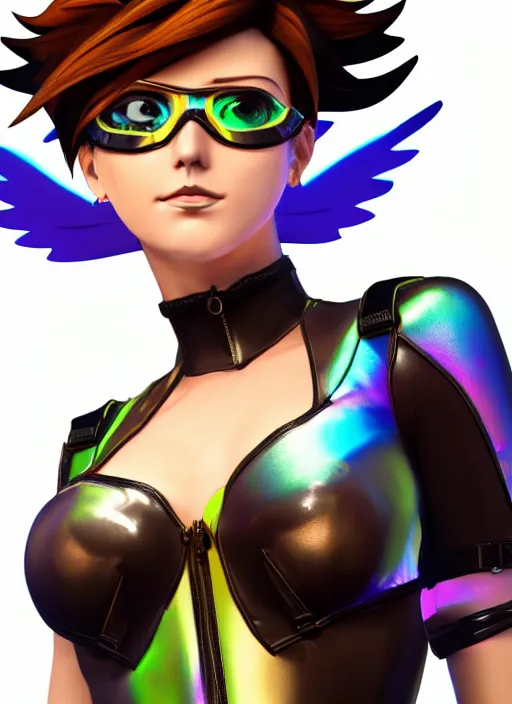 Image similar to portrait bust digital artwork of tracer overwatch, wearing iridescent rainbow latex and leather straps catsuit outfit, makeup, in style of mark arian, angel wings, wearing detailed leather collar, chains, black leather harness, detailed face and eyes,