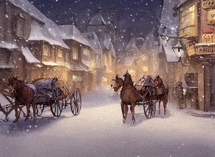 Image similar to a night scene of a snowy town with a horse drawn carriage, a detailed matte painting by anton pieck, deviantart contest winner, fantasy art, concept art, official art, matte drawing