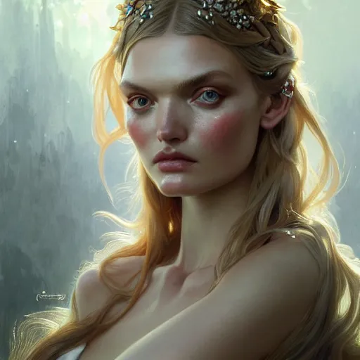 Image similar to beautiful lily donaldson, closeup, d & d, fantasy, intricate, elegant, highly detailed, digital painting, artstation, concept art, matte, sharp focus, illustration, art by artgerm and greg rutkowski and alphonse mucha