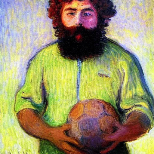 Image similar to monet painting of a bearded man with short hair, he is holding a soccer ball and a computer, highly detailed, realistic,