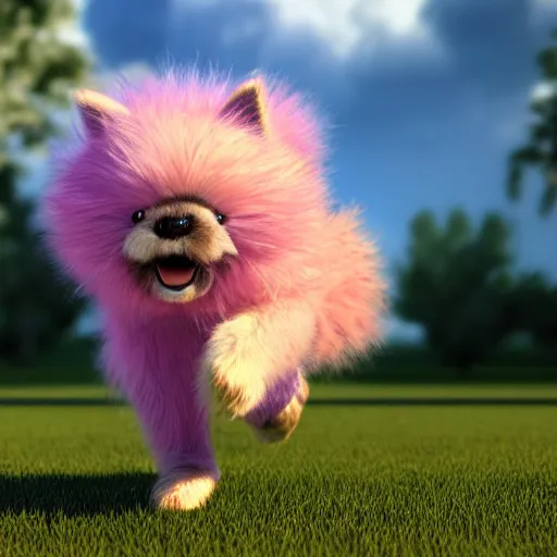 Image similar to purple fluffy animal running happily, hyperrealistic 4 k ultra detail 3 d render