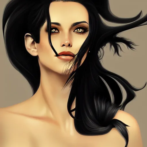 Image similar to a stunning upper body portrait of a beautiful woman with black hair blowing in the wind by marvel comics, digital art, trending on artstation