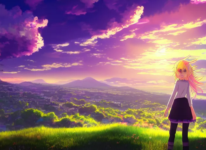 Image similar to very high quality illustration of green hills with clouds in the background, golden hour sunset, purple beautiful sky, cute anime girl with platinum blonde hair and big eyes, close to foreground, anime key visual, official media, illustrated by wlop, extremely detailed, 8 k, trending on pixiv, cinematic lighting, beautiful