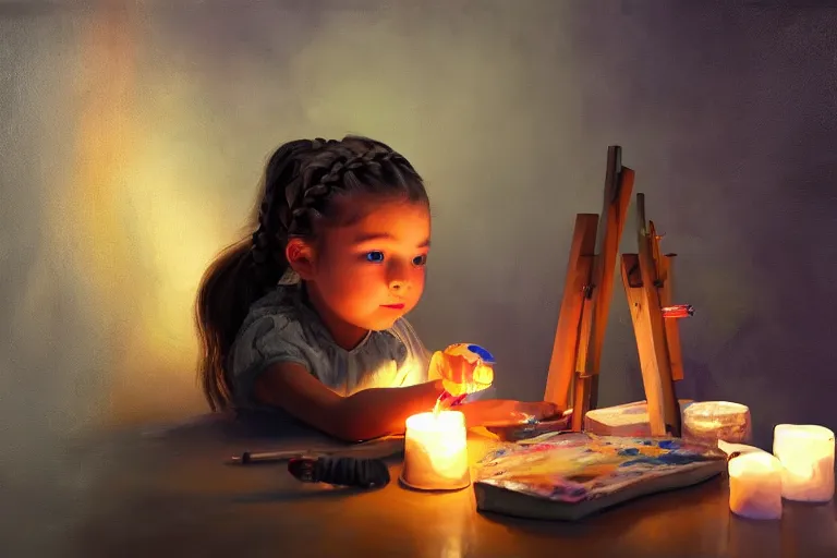 Prompt: a cute little girl with braided hair learns to paint, on an empty canvas in her art room, paintbrush and palettes, junior artist, dark room with candles and lava lamps, photorealism, trending on artstation, matte colors, volumetric lighting