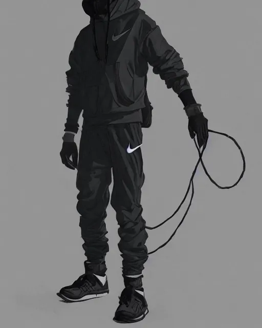 Image similar to Medium shot of a character wearing Nike ACG+Acronym P31-DS Pants in the style of greg rutkowski