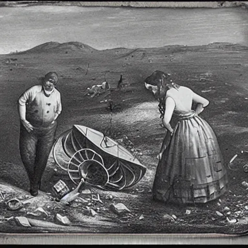 Image similar to daguerreotype of scientists examining a crashed ufo, hyper realistic,