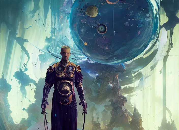 Prompt: joel kinnaman as a warrior surrounded by intergalactic planets connected by streams of magical flow, visually stunning, luxurious, by james jean, jakub rebelka, tran nguyen, peter mohrbacher, yoann lossel, wadim kashin