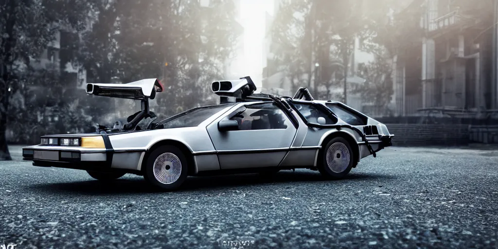 Image similar to a photoshoot of a flying delorean by ash thorp, car, back to the futur, ultra realistic, ultra detailed, 8 k, award winning