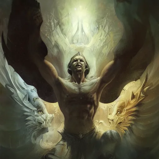 Image similar to A mixed media painting of god Aether, detailed face and body, dungeons and dragons, magic the gathering, by Mateusz Ozminski, Alejandro Olmedo art, Diego Gisbert Llorens, Greg Rutkowski, Frank Frazetta, Boris Vallejo, amazing detail, low angle, post-processing,masterpiece, cinematic, dramatic, dramatic lighting, sharp focus