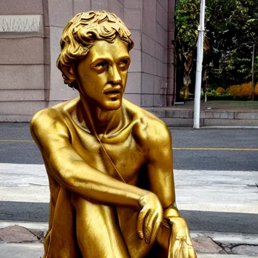 Image similar to a golden statue of a beggar, realistic, detailed