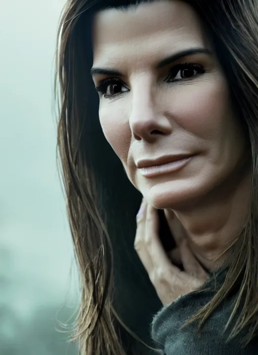 Image similar to sandra bullock in real life, face centered portrait of sandra bullock, confident, fog, rain, volumetric lighting, beautiful, golden hour, sharp focus, ultra detailed, cgsociety by leesha hannigan, ross tran, thierry doizon, kai carpenter, ignacio fernandez rios, noir art house, 4 k, 3 5 mm, fujifilm