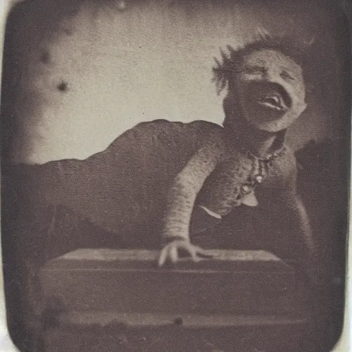 Prompt: tintype photo of a monster under the bed