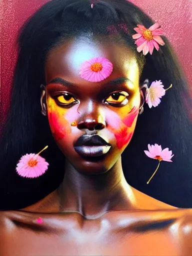 Image similar to portrait of duckie thot with a floral background : : painted by artgerm, karol bak, artur bordalo, sandra chevrier : : portrait, character, illustration, hyperrealism, photorealism,