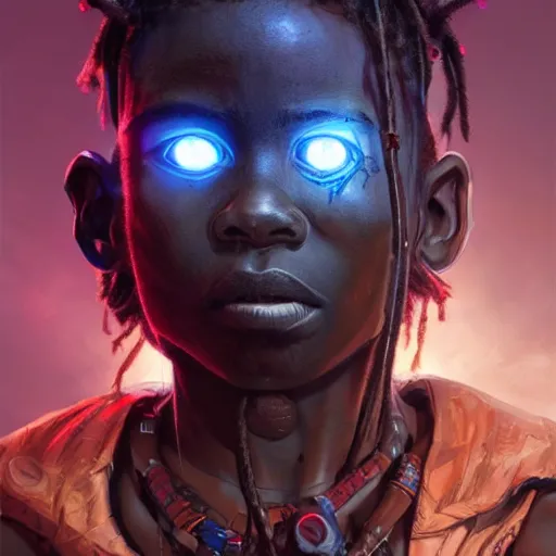 Image similar to a dark and ominous cyborg african child soldier with glowing eyes and dreadlocks, neon graffiti, Apex Legends character digital illustration portrait design, by android jones and greg rutkowski in a cyberpunk voodoo style, retrowave color scheme, detailed, cinematic lighting, wide angle action dynamic portrait