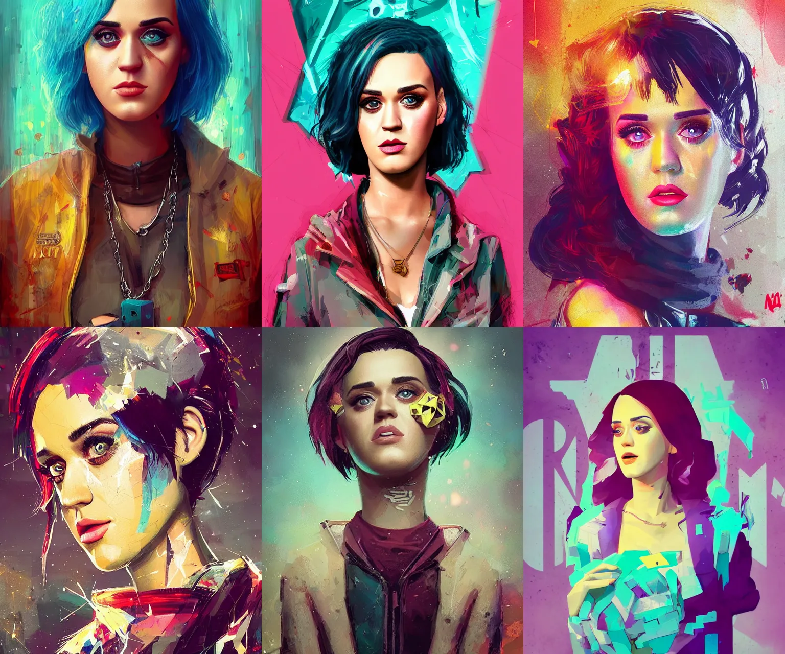 Prompt: game logo homeless katy perry portrait, ismail inceoglu