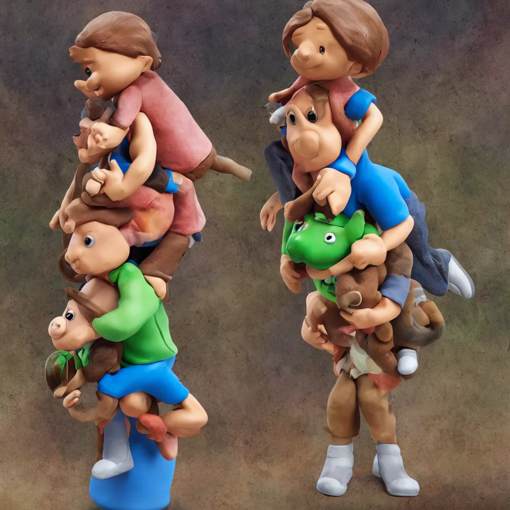 Prompt: small man made of clay giving a piggy back ride to a small creature, advertisement from ToysRUs