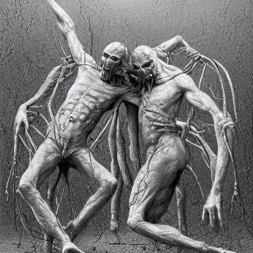 Prompt: two demons dance ballet in hell with ethernet cables!!! wrapped around their arms, trees burn! beksinski, dariusz zawadzki, very coherent symmetrical artwork. cinematic, hyper realism, high detail, octane render, 8 k