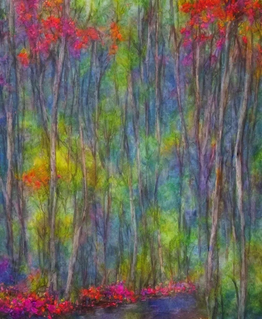 Prompt: a mysterious, foggy forest with haunted trees and colorful flowers, water painting