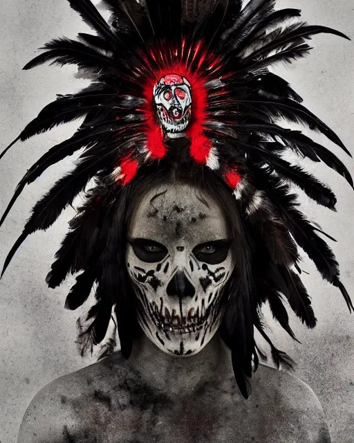 Image similar to the ghost - spirit of the grim - warpaint wears the scarlet skull armor and native blood headdress feathers, midnight fog - mist!, dark oil painting colors, realism, cinematic lighting, various refining methods, micro macro autofocus, ultra definition, award winning photo