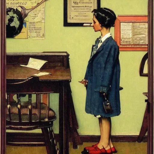 Image similar to The Queen of the Lawyers. A painting by Norman Rockwell.