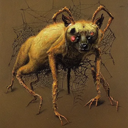 Image similar to spider morphed with hyena, many legs and eyes, large web, highly detailed beksinski art,