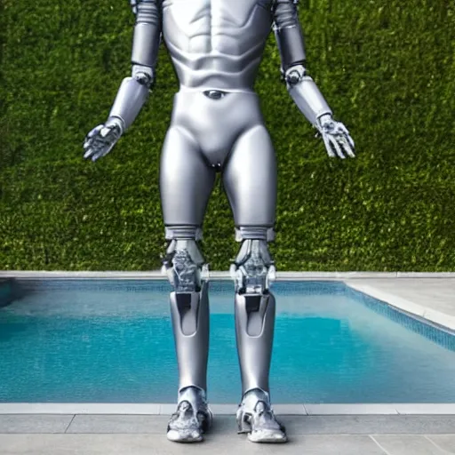 Prompt: a realistic detailed photo of a guy who is an attractive humanoid who is half robot and half humanoid, who is a male android, twitch stream ninja tyler blevins, shiny skin, posing like a statue, blank stare, by the pool, on display