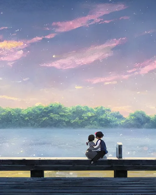 Prompt: a girl and a boy sitting together on a pier overlooking a pond. romantic. atmospheric lighting, 8 k. by makoto shinkai, stanley artgerm lau, wlop, rossdraws, james jean, andrei riabovitchev, marc simonetti, krenz cushart, sakimichan, d & d trending on artstation, digital art.