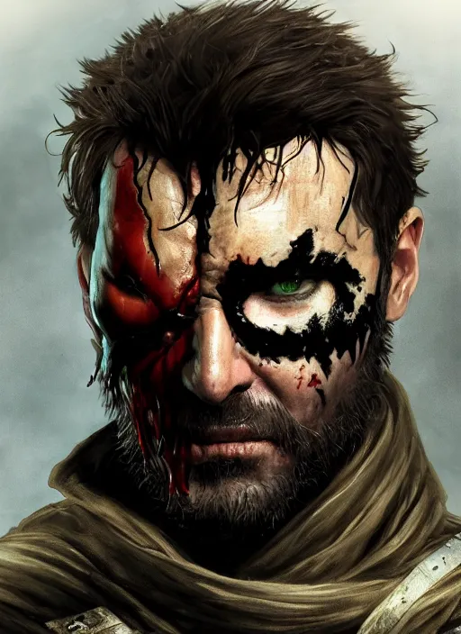 Image similar to Venom Snake, portrait, fantasy, medieval, vivid colors, fantasy, elegant, concept art, sharp focus, beautiful face, digital art, Hyper-realistic, 4K, Unreal Engine, Highly Detailed, HD, Dramatic Lighting by Brom, trending on Artstation