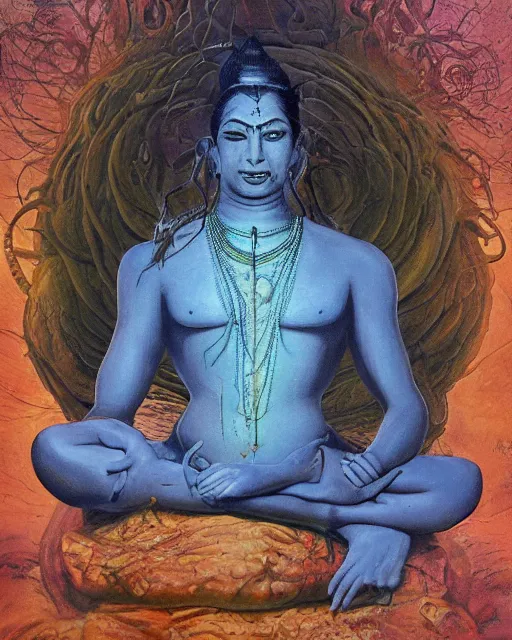 Prompt: One many-armed Shiva sits in the lotus position. Nuclear explosion on the background. Dark colors, extremely high detail, hyperrealism, horror art, masterpiece, close-up, biopunk, body-horror, ceremonial portrait, solo, rich deep colors, realistic, art by Yoshitaka Amano, Beksinski