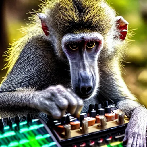 Prompt: photo of a baboon making a DAWless jam, synth, synthesizers, modular synth, jungle