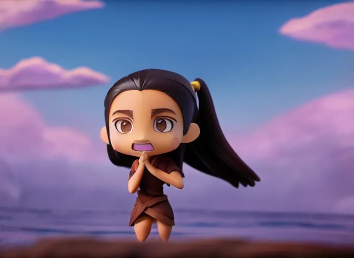 Prompt: katara from avatar as nendoroid is summoning a giant ocean wave in the croods movie style, anime, disney, pixar, 8 k, hd, dof, kodak film, volumetric lighting, subsurface scattering, photorealistic, octane render, details