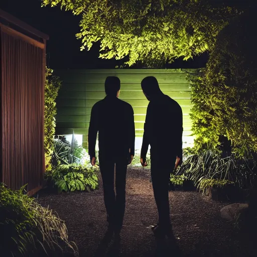 Prompt: A dark photo of two men in a garden at night walking towards a small wooden garden shed